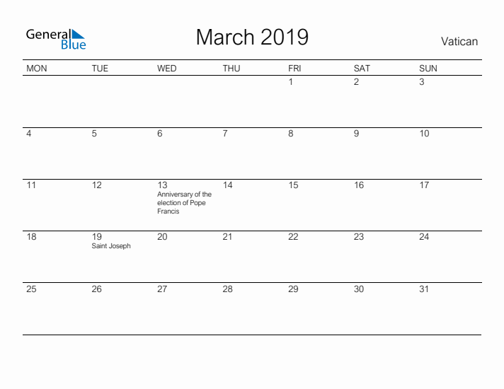 Printable March 2019 Calendar for Vatican