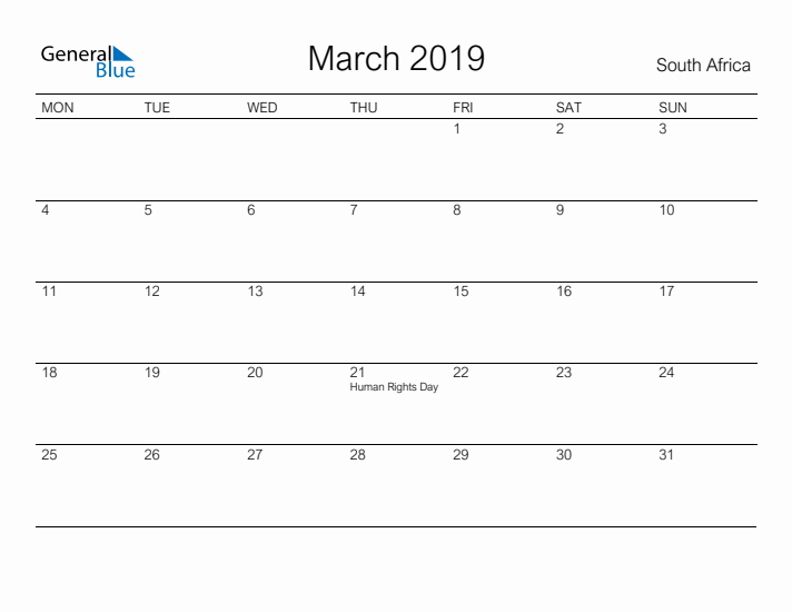 Printable March 2019 Calendar for South Africa