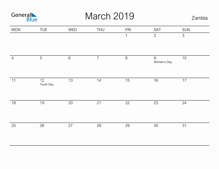 Printable March 2019 Calendar for Zambia