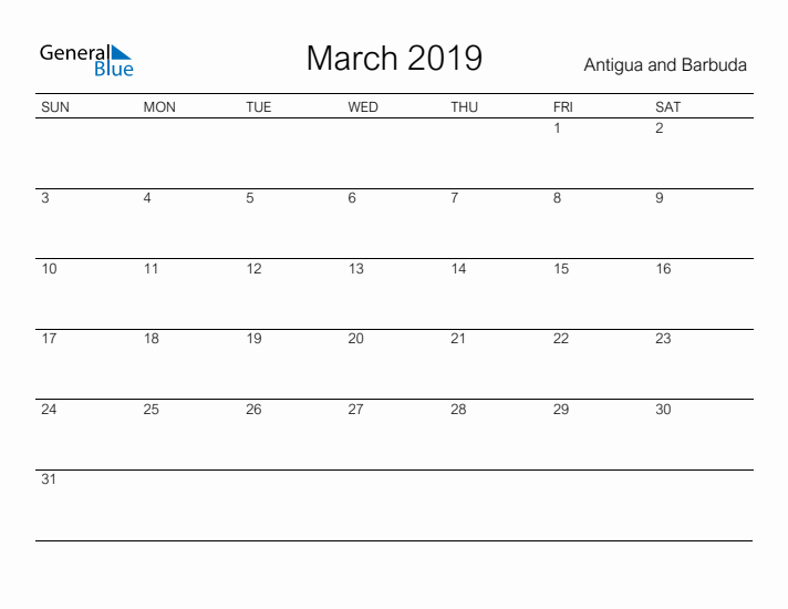 Printable March 2019 Calendar for Antigua and Barbuda