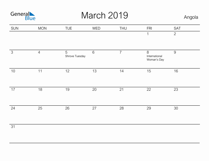 Printable March 2019 Calendar for Angola