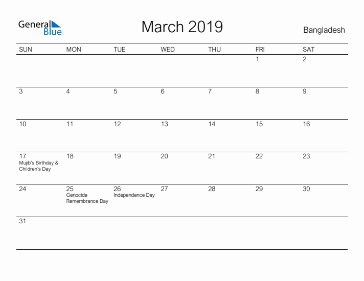 Printable March 2019 Calendar for Bangladesh