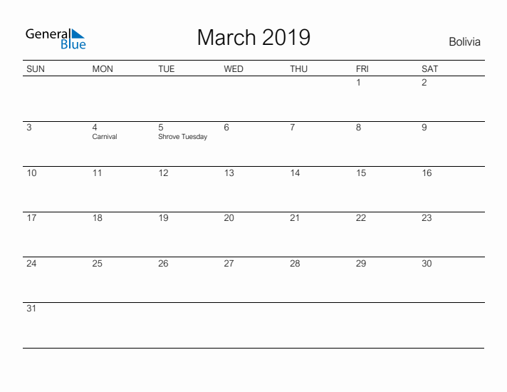 Printable March 2019 Calendar for Bolivia