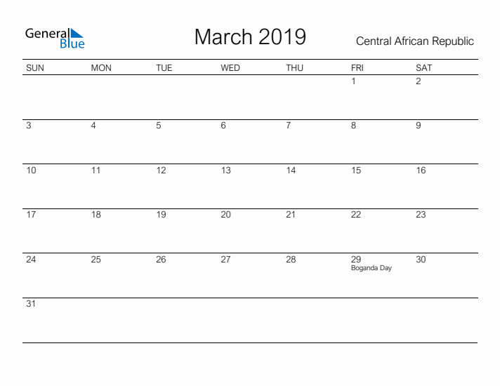 Printable March 2019 Calendar for Central African Republic