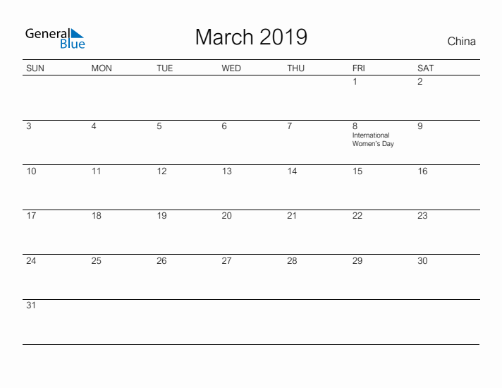 Printable March 2019 Calendar for China