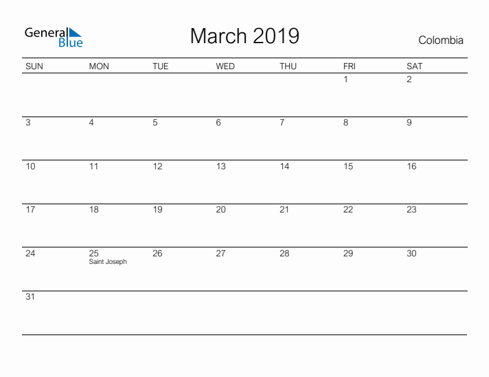 Printable March 2019 Calendar for Colombia