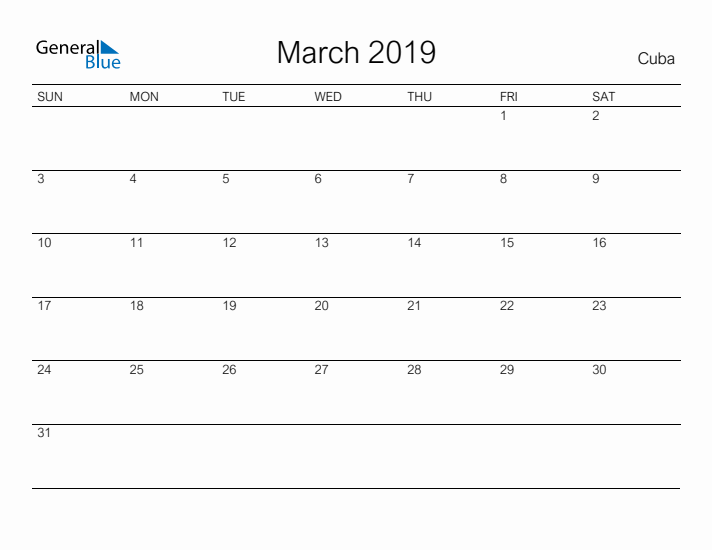 Printable March 2019 Calendar for Cuba