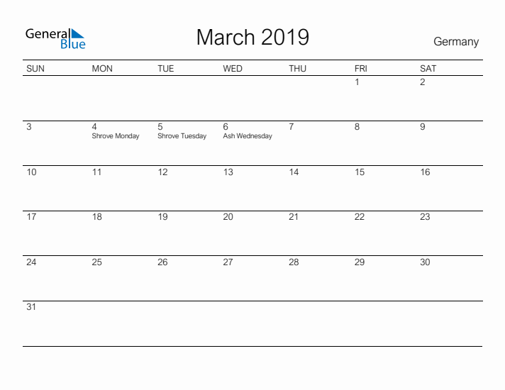 Printable March 2019 Calendar for Germany