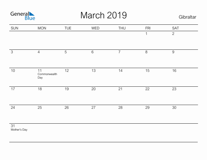 Printable March 2019 Calendar for Gibraltar