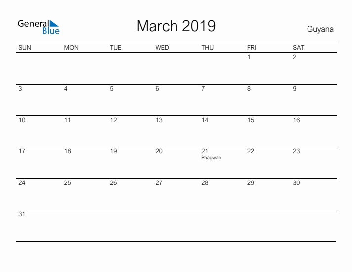 Printable March 2019 Calendar for Guyana