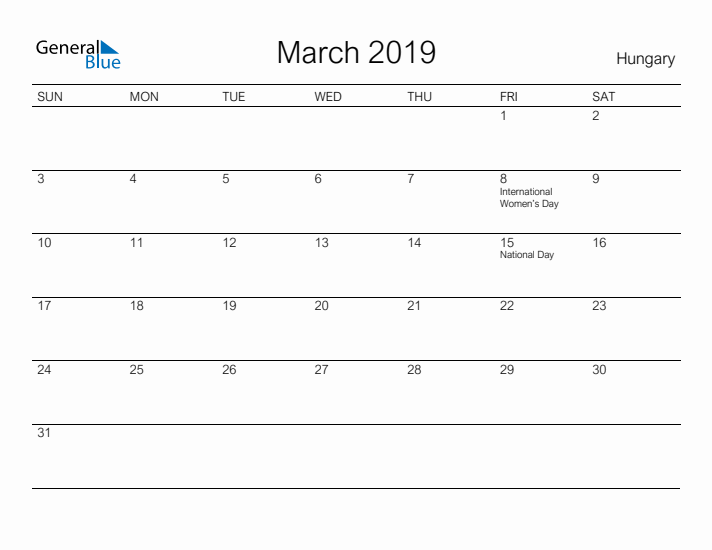 Printable March 2019 Calendar for Hungary