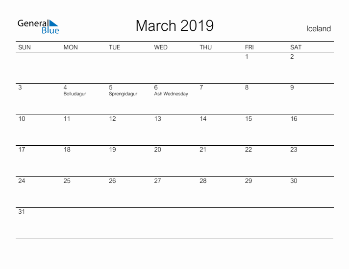 Printable March 2019 Calendar for Iceland