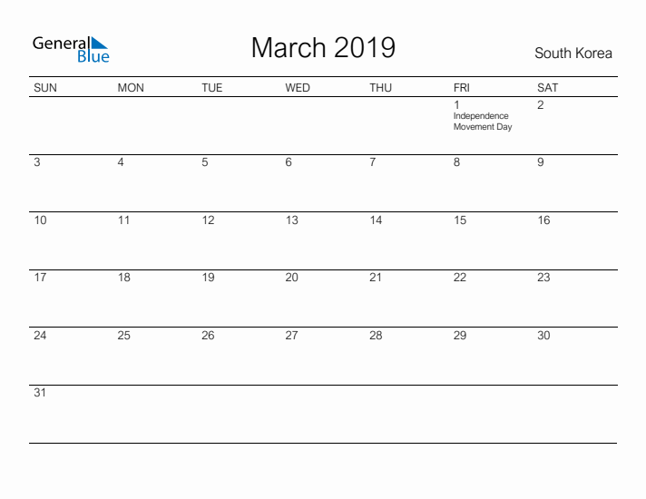 Printable March 2019 Calendar for South Korea