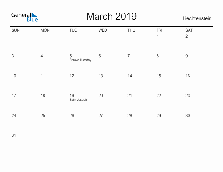 Printable March 2019 Calendar for Liechtenstein