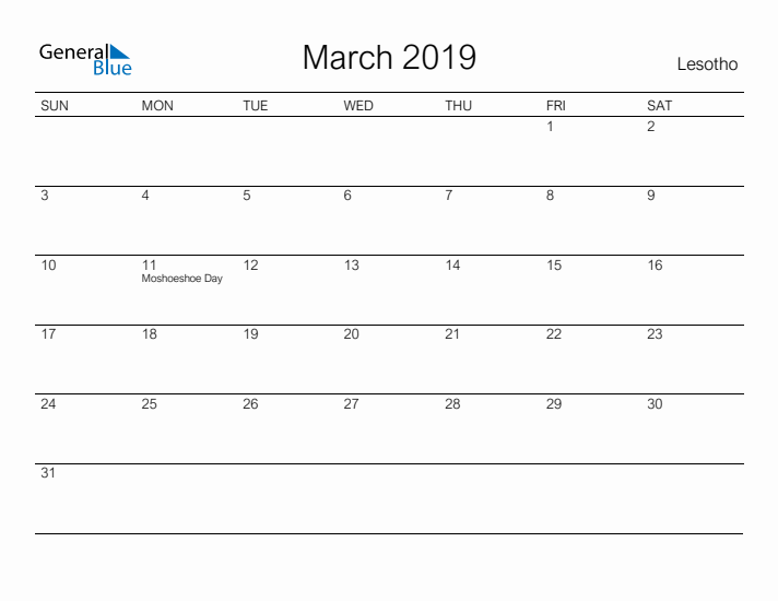 Printable March 2019 Calendar for Lesotho