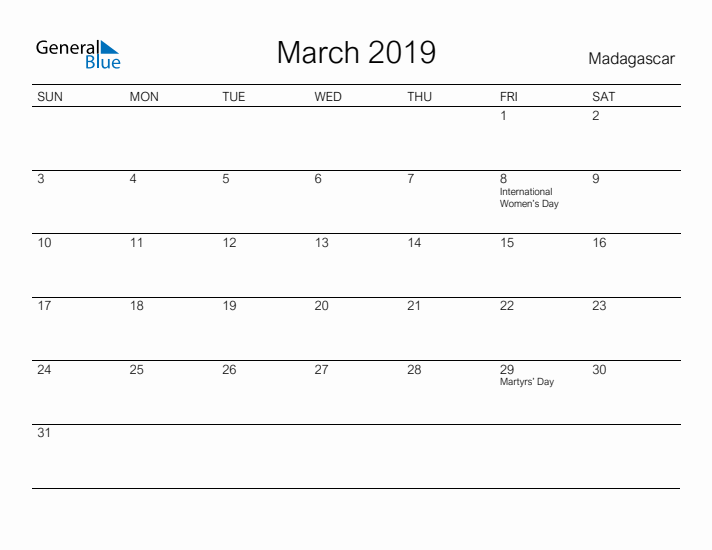 Printable March 2019 Calendar for Madagascar