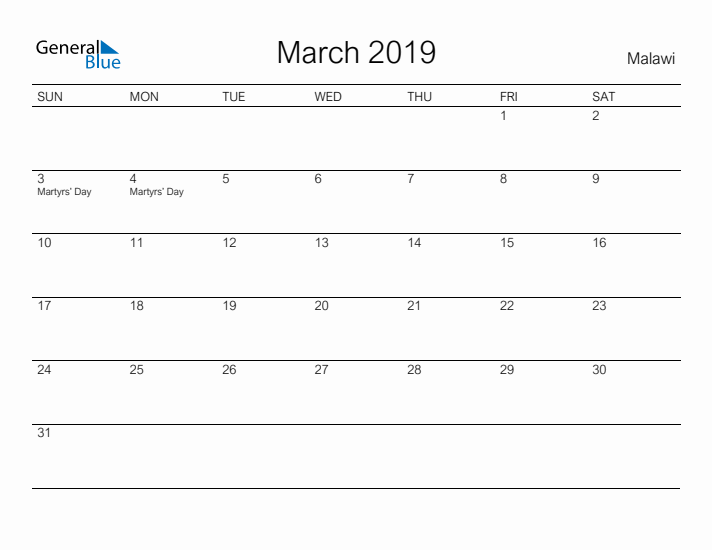 Printable March 2019 Calendar for Malawi