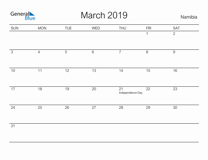 Printable March 2019 Calendar for Namibia