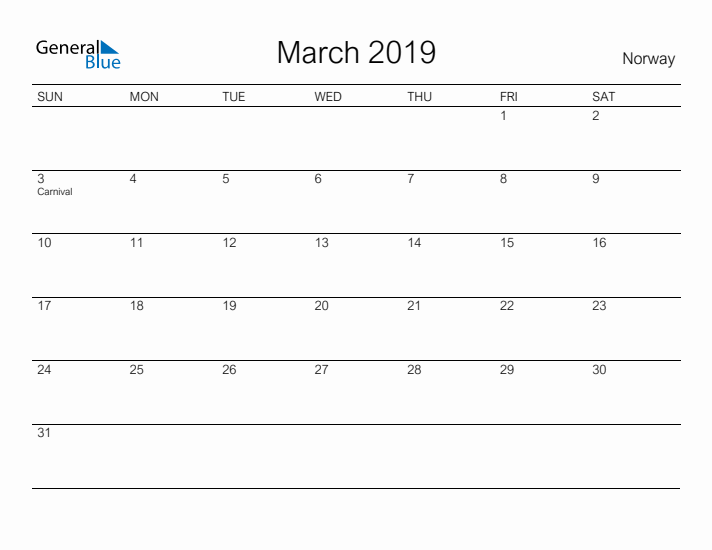 Printable March 2019 Calendar for Norway