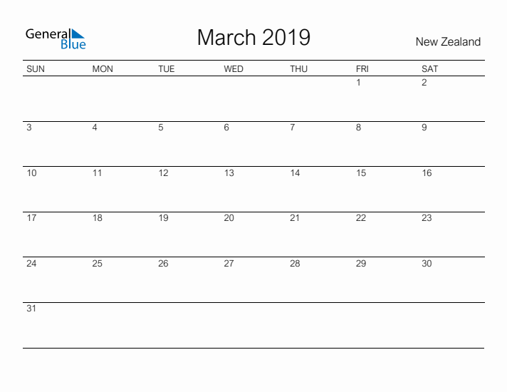 Printable March 2019 Calendar for New Zealand