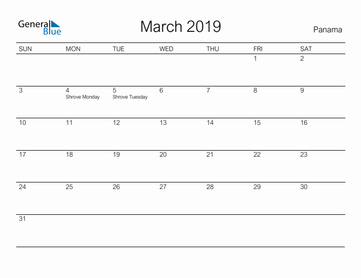 Printable March 2019 Calendar for Panama