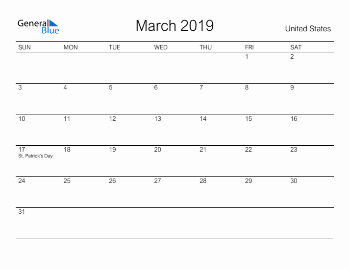 Printable March 2019 Calendar for United States