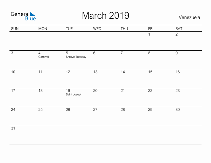 Printable March 2019 Calendar for Venezuela