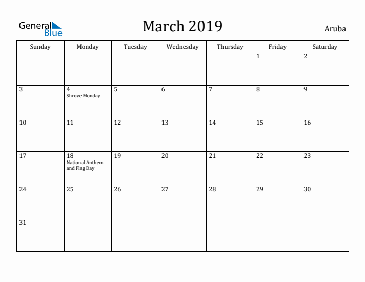 March 2019 Calendar Aruba