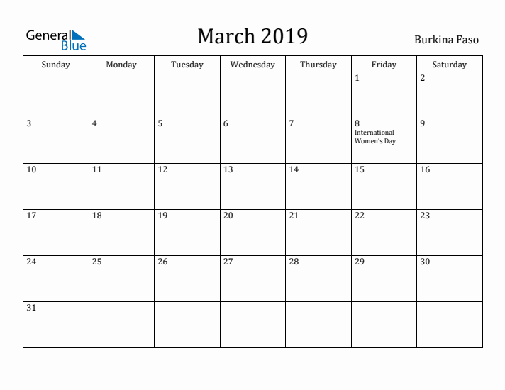 March 2019 Calendar Burkina Faso