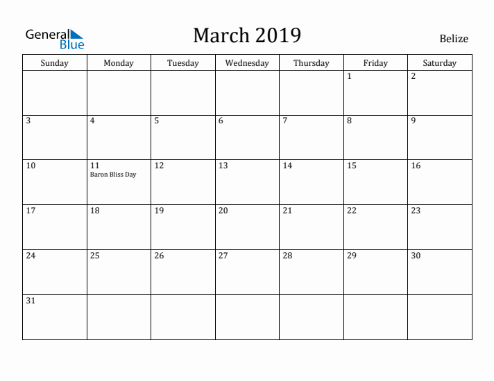 March 2019 Calendar Belize