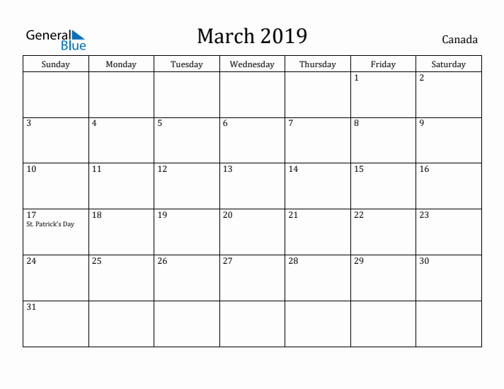 March 2019 Calendar Canada