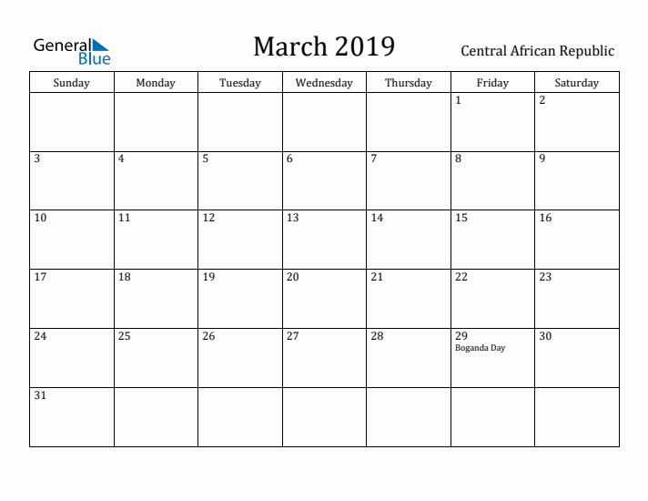 March 2019 Calendar Central African Republic