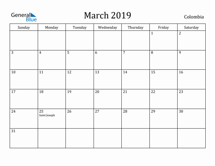 March 2019 Calendar Colombia