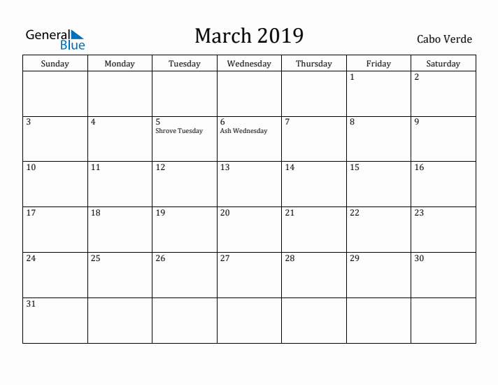 March 2019 Calendar Cabo Verde