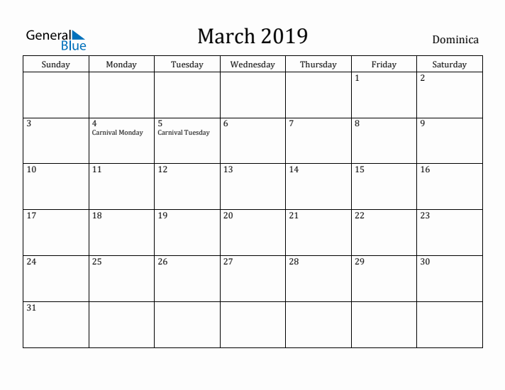 March 2019 Calendar Dominica