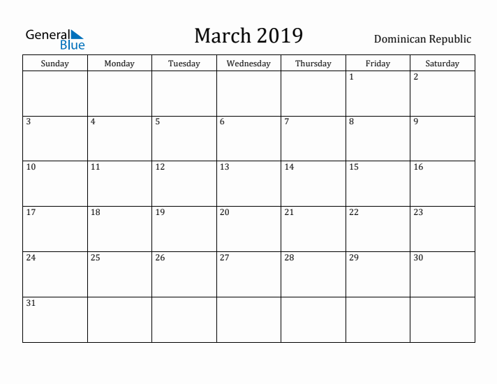 March 2019 Calendar Dominican Republic