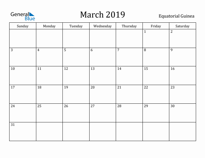 March 2019 Calendar Equatorial Guinea