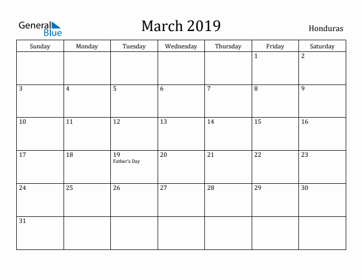 March 2019 Calendar Honduras