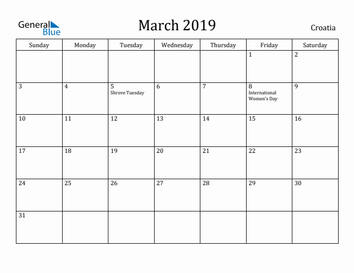 March 2019 Calendar Croatia