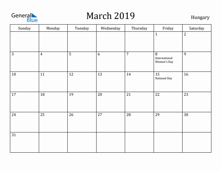 March 2019 Calendar Hungary