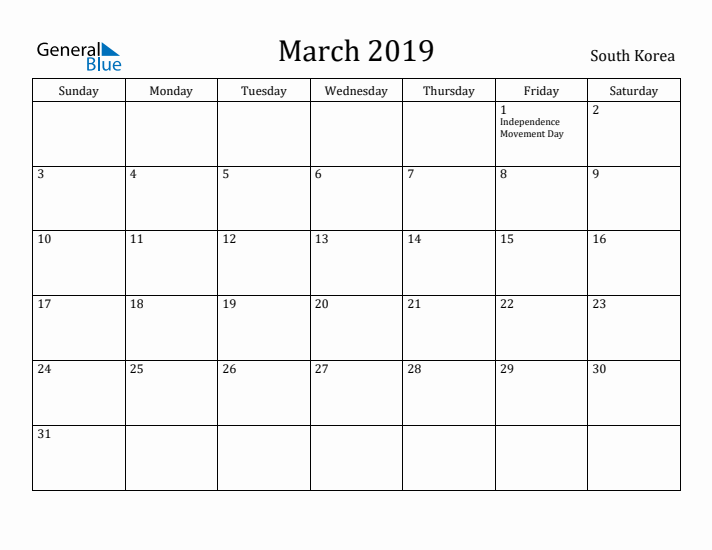 March 2019 Calendar South Korea