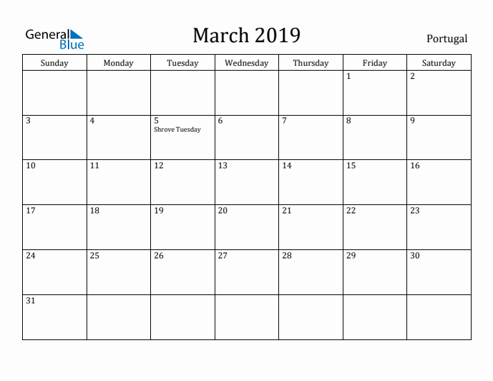 March 2019 Calendar Portugal