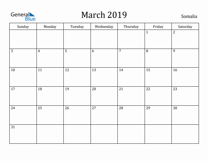 March 2019 Calendar Somalia