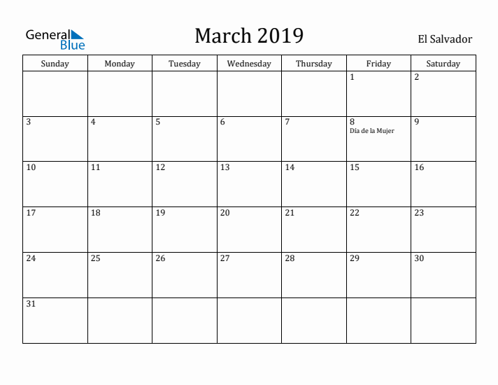 March 2019 Calendar El Salvador