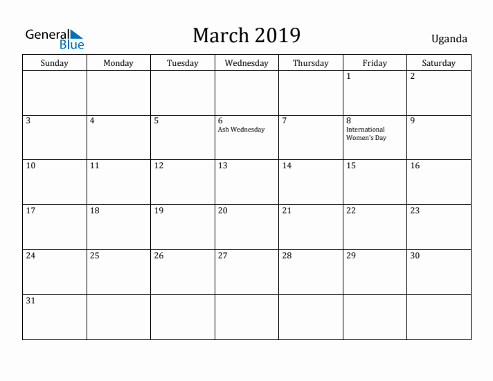 March 2019 Calendar Uganda