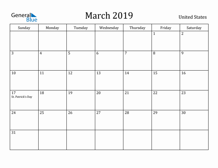 March 2019 Calendar United States