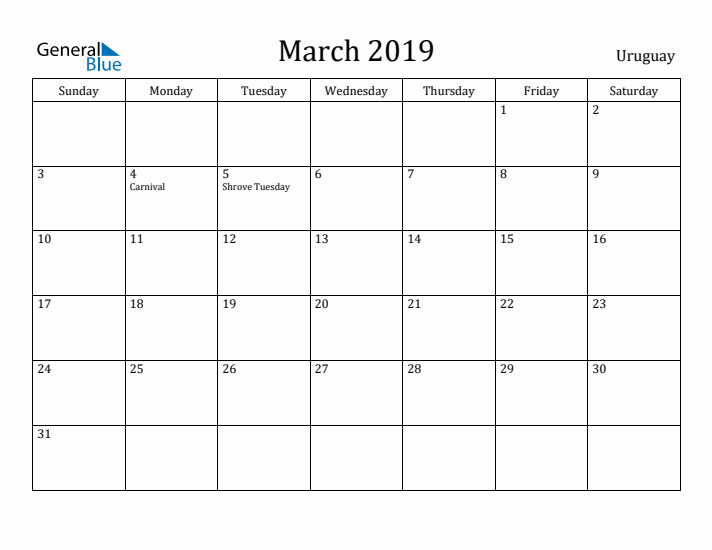 March 2019 Calendar Uruguay