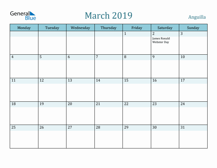 March 2019 Calendar with Holidays