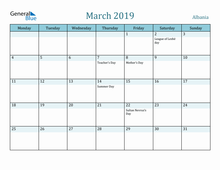 March 2019 Calendar with Holidays