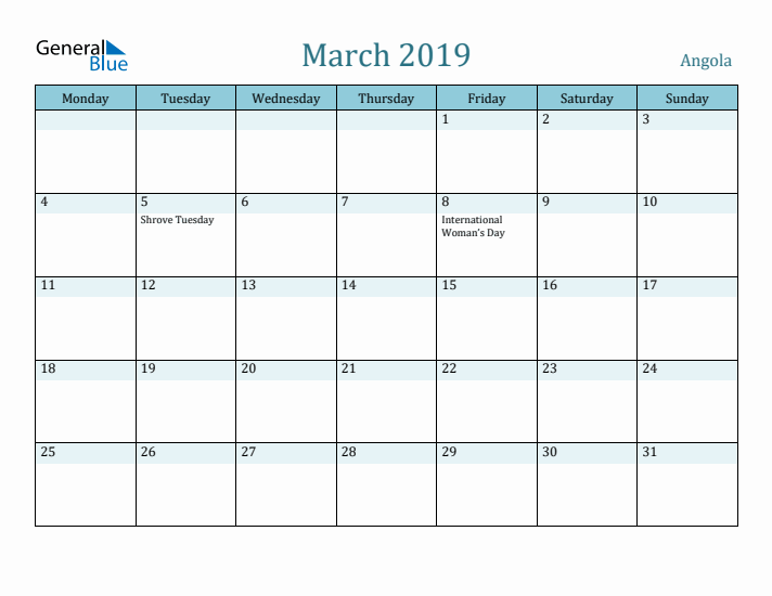 March 2019 Calendar with Holidays